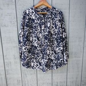 Talbots Floral Popover Ruffle 100% Cotton sz 1X Navy Ivory Coastal Chic